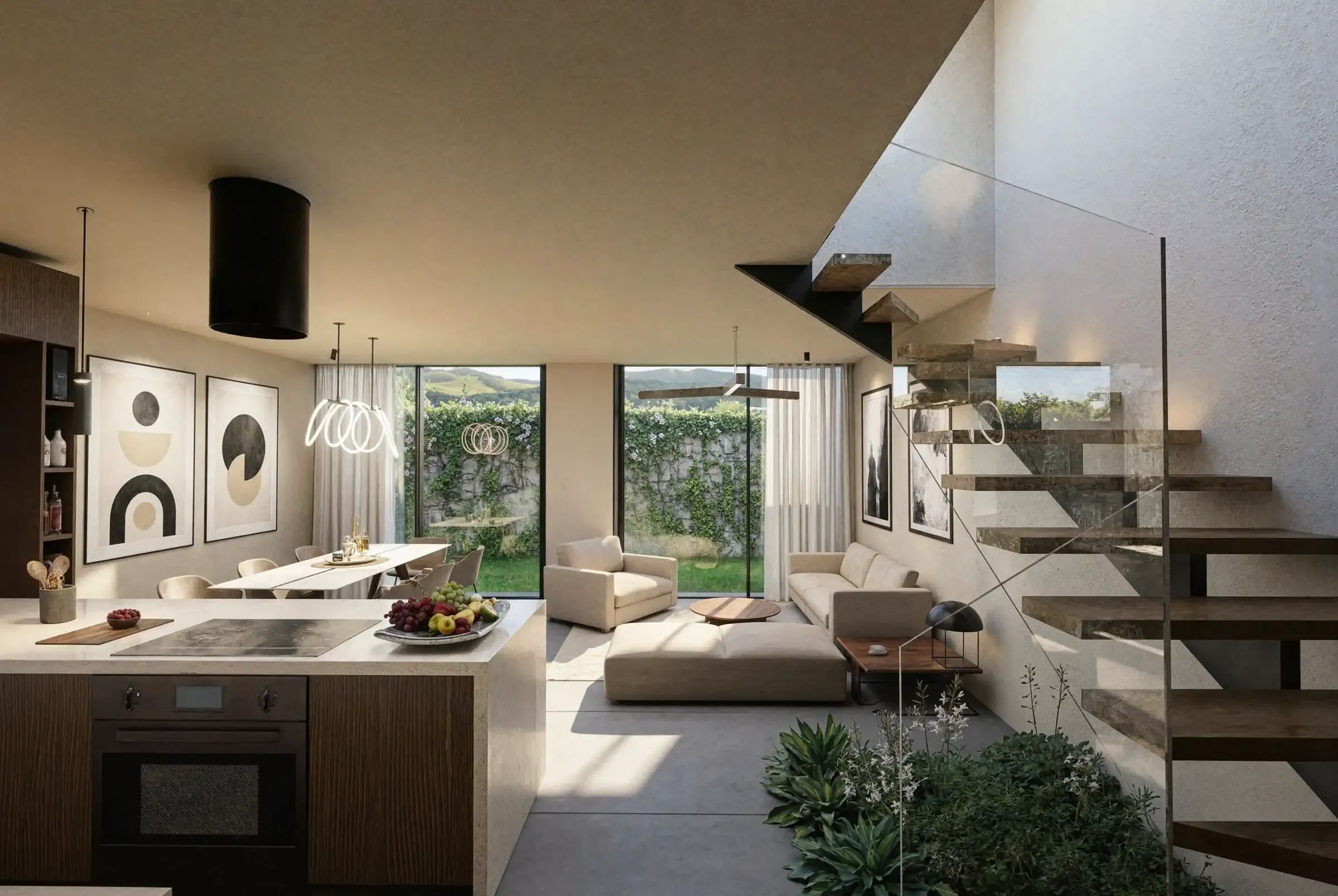 Un solo ambiente en planta baja, con una isla, escalera de madera con peldaños y un jardín al fondo.
